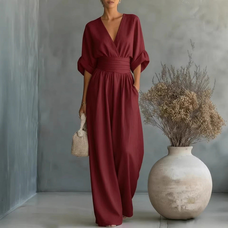 🌍 En vente sur tout le web ! Combinaison ample à taille haute et encolure en V pour femme