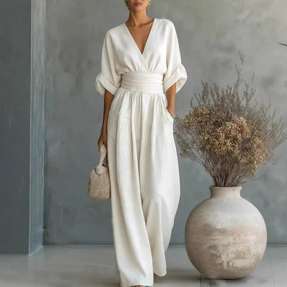 🌍 En vente sur tout le web ! Combinaison ample à taille haute et encolure en V pour femme