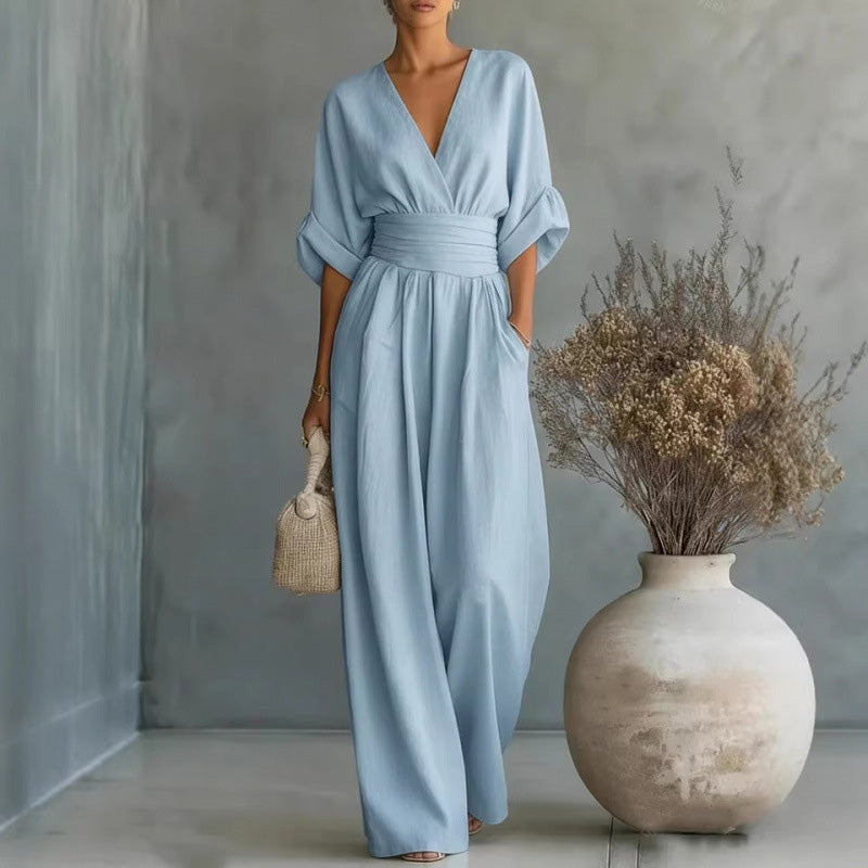 🌍 En vente sur tout le web ! Combinaison ample à taille haute et encolure en V pour femme