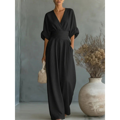 🌍 En vente sur tout le web ! Combinaison ample à taille haute et encolure en V pour femme