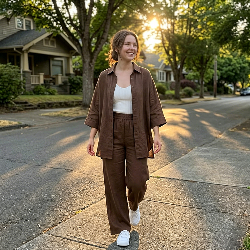 Ensemble deux pièces décontracté pour femme : chemise et pantalon, confortable et respirant ✨