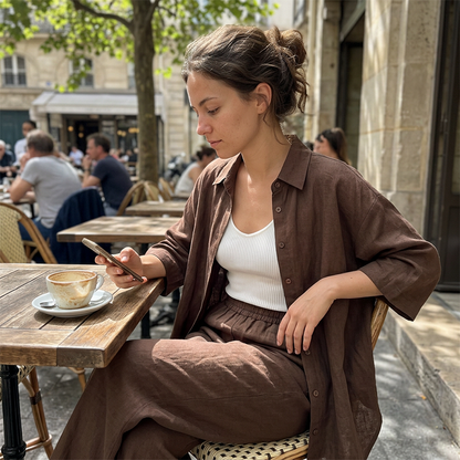 Ensemble deux pièces décontracté pour femme : chemise et pantalon, confortable et respirant ✨