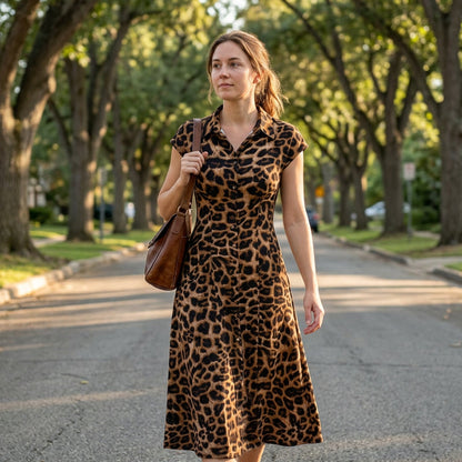 👗 50% DE RÉDUCTION 🐆 Robe élégante à revers imprimée léopard pour femme – Coupe fluide & col travaillé – Parfaite pour un look chic ou décontracté – légère et facile à porter ✨