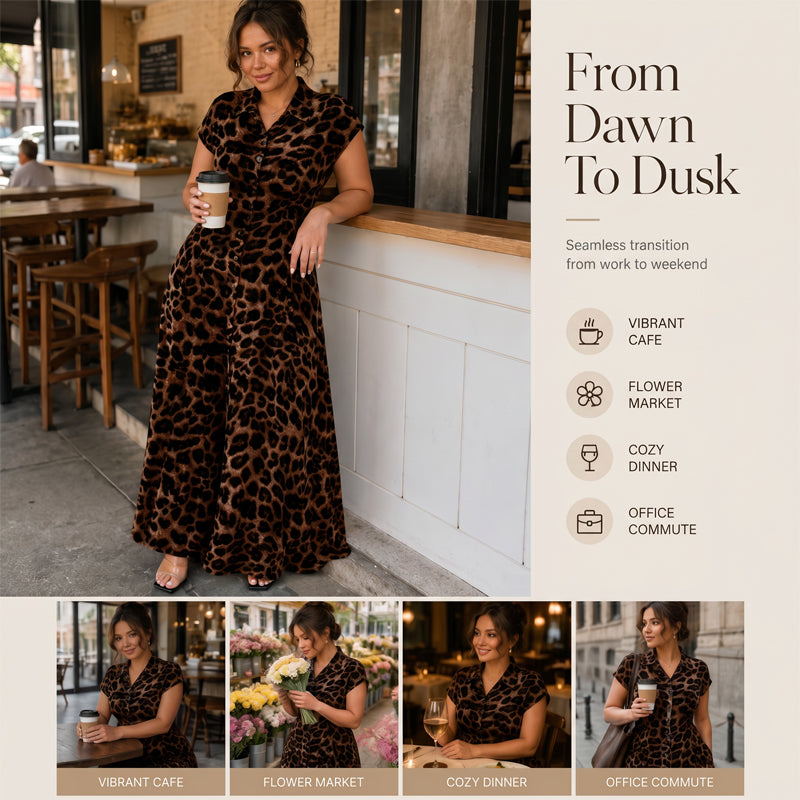 👗 50% DE RÉDUCTION 🐆 Robe élégante à revers imprimée léopard pour femme – Coupe fluide & col travaillé – Parfaite pour un look chic ou décontracté – légère et facile à porter ✨
