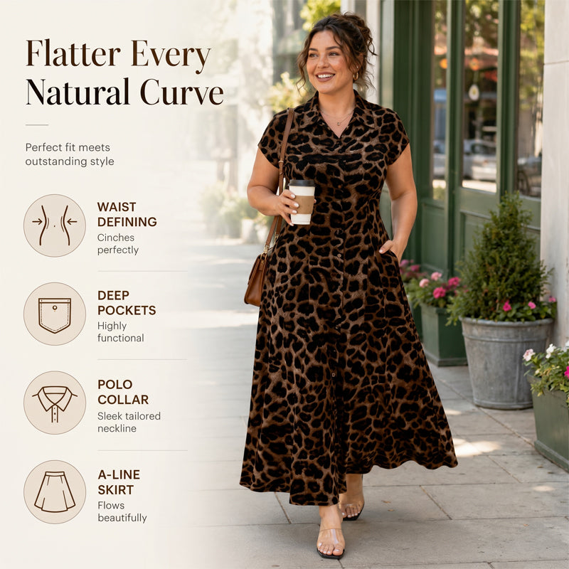 👗 50% DE RÉDUCTION 🐆 Robe élégante à revers imprimée léopard pour femme – Coupe fluide & col travaillé – Parfaite pour un look chic ou décontracté – légère et facile à porter ✨