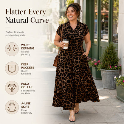 👗 50% DE RÉDUCTION 🐆 Robe élégante à revers imprimée léopard pour femme – Coupe fluide & col travaillé – Parfaite pour un look chic ou décontracté – légère et facile à porter ✨