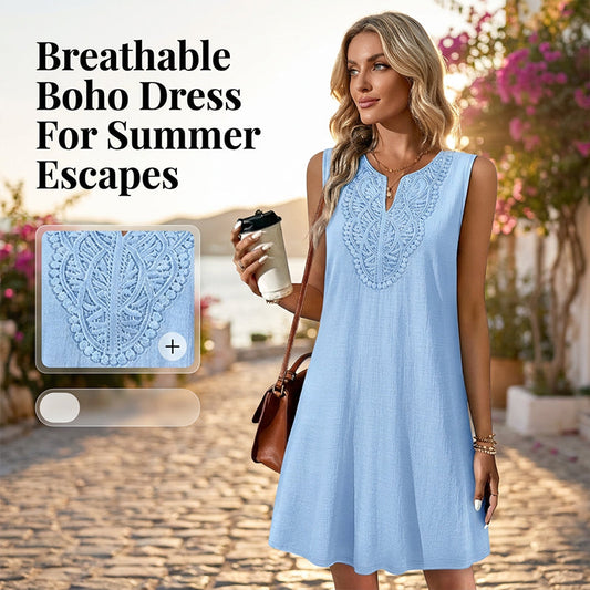 👗 50% DE RÉDUCTION 🌴 Robe décontractée d’été légère – Col V brodé, anti-froissage & séchage rapide – Parfaite pour les journées chaudes, les voyages ou un look effortless ✨