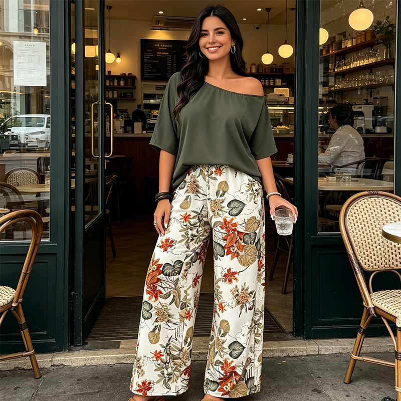 ⚠️ Plus que quelques stocks ! Ensemble deux pièces pour femme : haut à épaules dénudées et pantalon imprimé