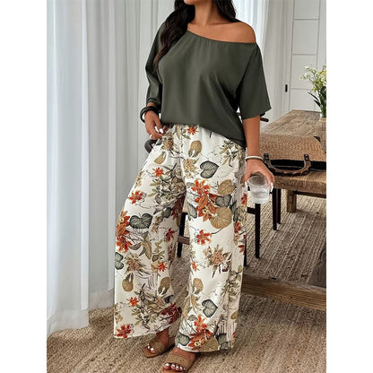 ⚠️ Plus que quelques stocks ! Ensemble deux pièces pour femme : haut à épaules dénudées et pantalon imprimé