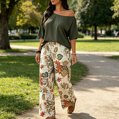 ⚠️ Plus que quelques stocks ! Ensemble deux pièces pour femme : haut à épaules dénudées et pantalon imprimé
