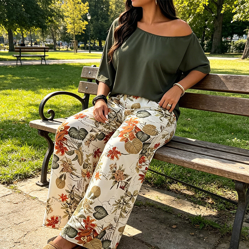 ⚠️ Plus que quelques stocks ! Ensemble deux pièces pour femme : haut à épaules dénudées et pantalon imprimé
