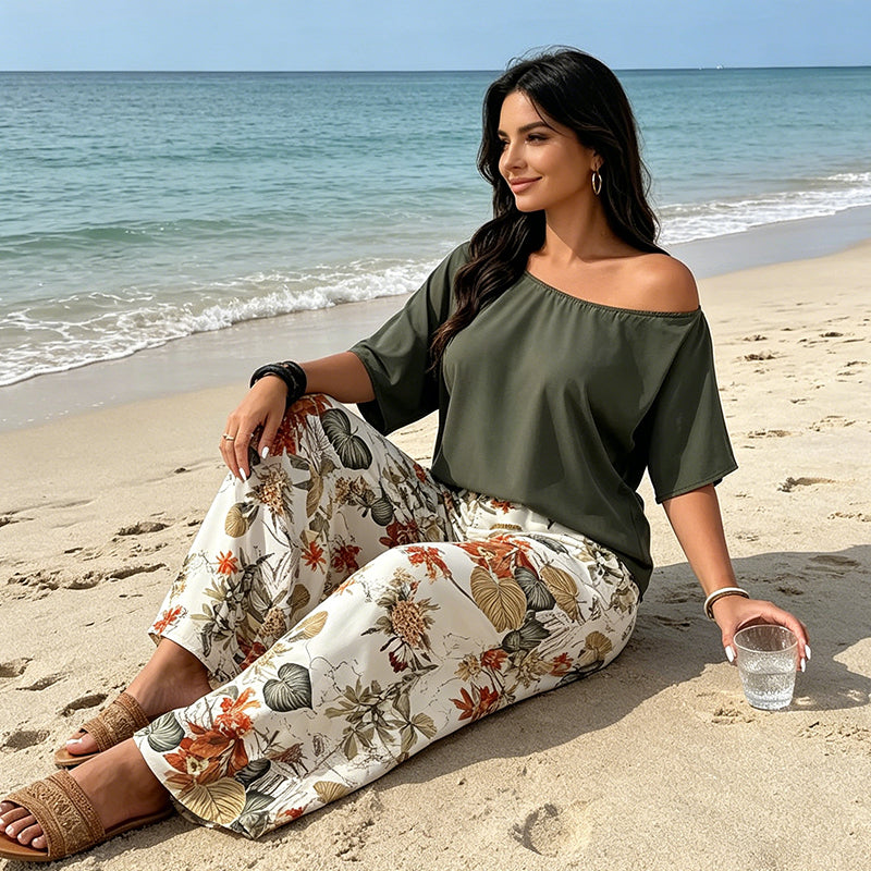 ⚠️ Plus que quelques stocks ! Ensemble deux pièces pour femme : haut à épaules dénudées et pantalon imprimé