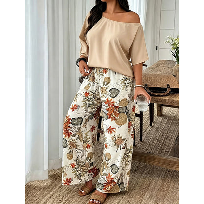 ⚠️ Plus que quelques stocks ! Ensemble deux pièces pour femme : haut à épaules dénudées et pantalon imprimé