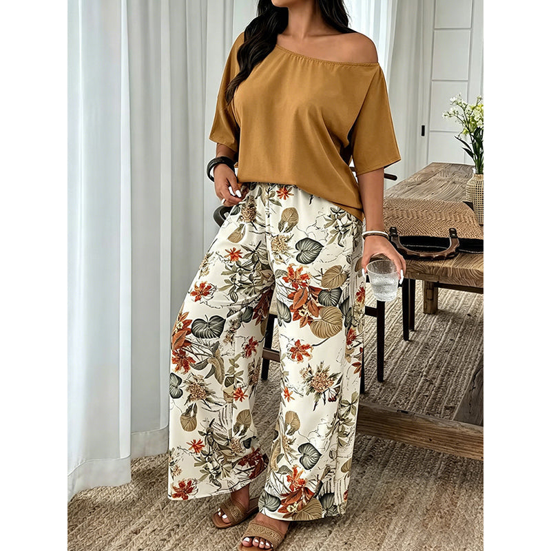 ⚠️ Plus que quelques stocks ! Ensemble deux pièces pour femme : haut à épaules dénudées et pantalon imprimé