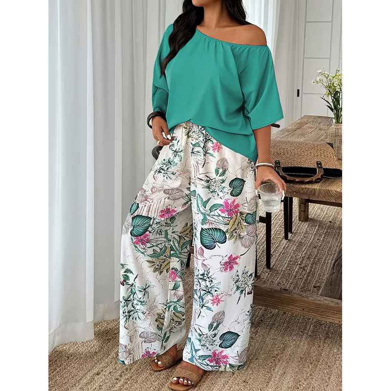 ⚠️ Plus que quelques stocks ! Ensemble deux pièces pour femme : haut à épaules dénudées et pantalon imprimé