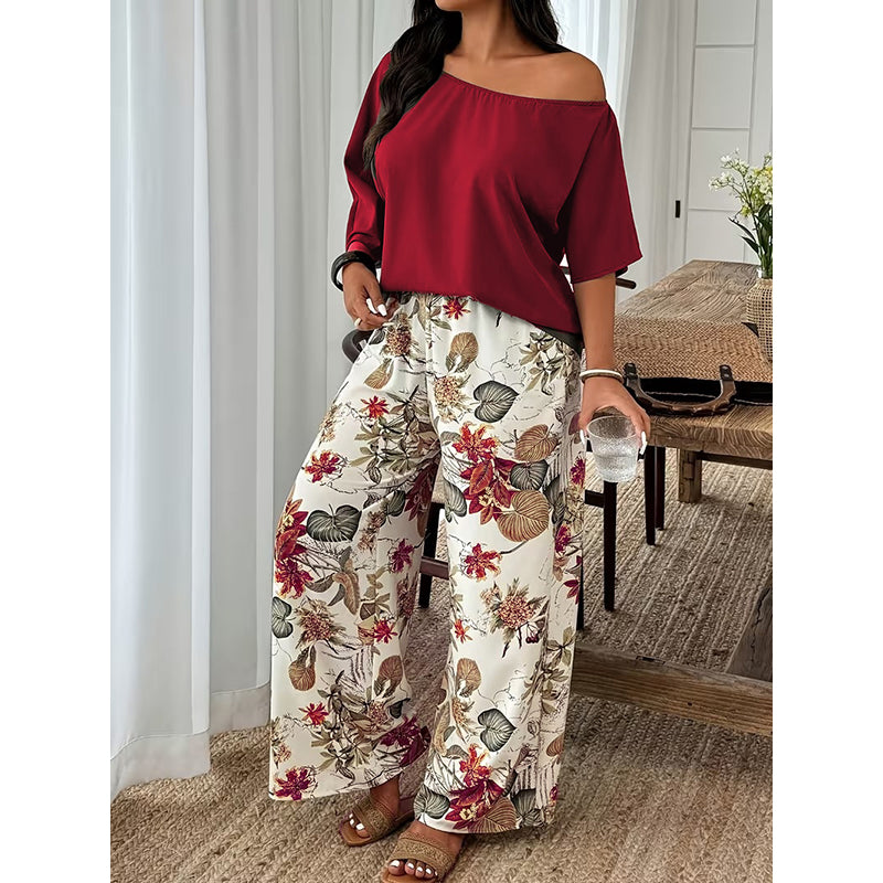 ⚠️ Plus que quelques stocks ! Ensemble deux pièces pour femme : haut à épaules dénudées et pantalon imprimé