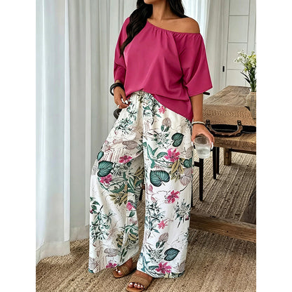 ⚠️ Plus que quelques stocks ! Ensemble deux pièces pour femme : haut à épaules dénudées et pantalon imprimé