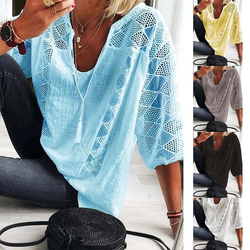 👚 50 % DE RÉDUCTION EN CE MOMENT ! 🌸 Chemisier à col rond ajouré pour femme – Cordon à pompons et manches courtes – Style chic et décontracté pour l'été