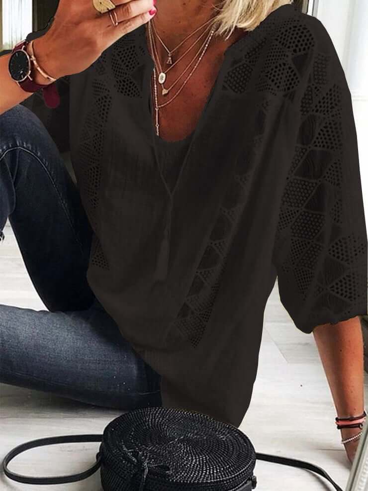 👚 50 % DE RÉDUCTION EN CE MOMENT ! 🌸 Chemisier à col rond ajouré pour femme – Cordon à pompons et manches courtes – Style chic et décontracté pour l'été