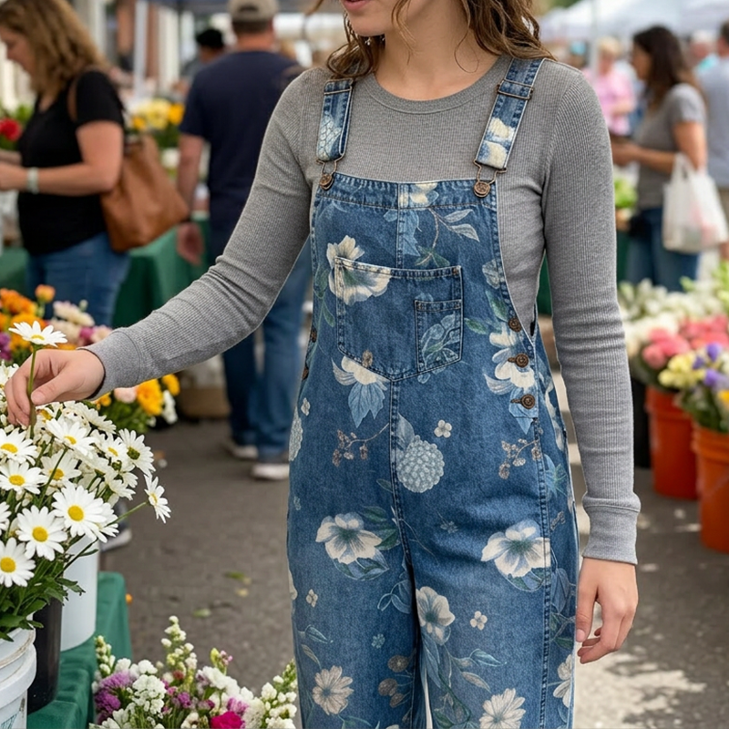 🏃‍♀️ Se vend en quelques secondes – dépêchez-vous ! Salopette en jean à imprimé floral vintage pour femme