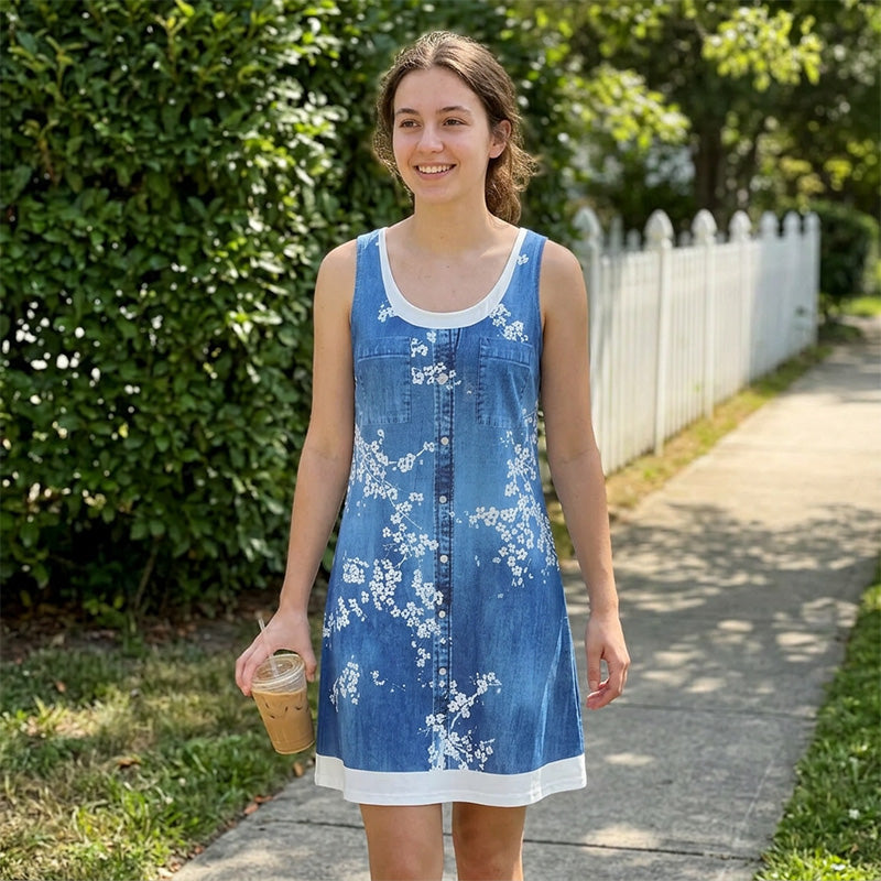 ⭐ Plus de 5.000 avis positifs ! Robe deux-pièces pour femme en simili-denim imprimé