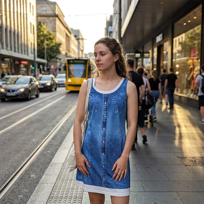 ⭐ Plus de 5.000 avis positifs ! Robe deux-pièces pour femme en simili-denim imprimé