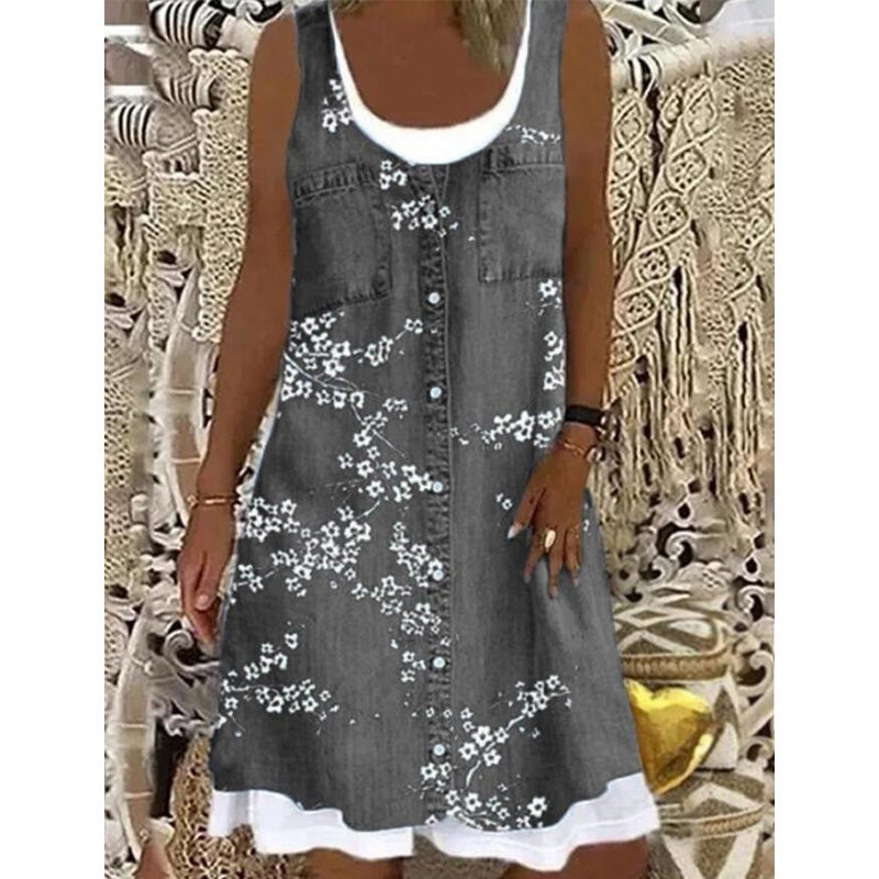 ⭐ Plus de 5.000 avis positifs ! Robe deux-pièces pour femme en simili-denim imprimé