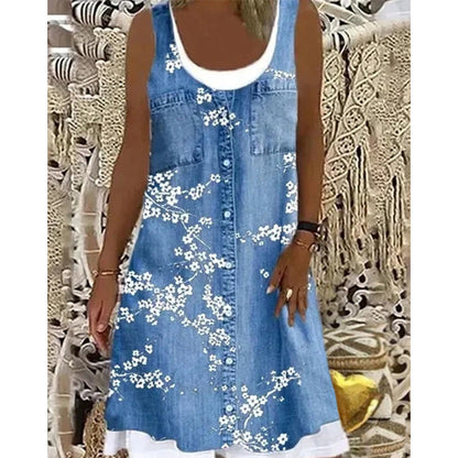 ⭐ Plus de 5.000 avis positifs ! Robe deux-pièces pour femme en simili-denim imprimé