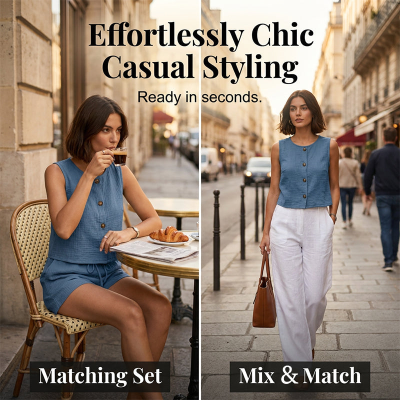 🔥 Le look le plus tendance de cet été ! Débardeur sans manches à boutons et short pour femme