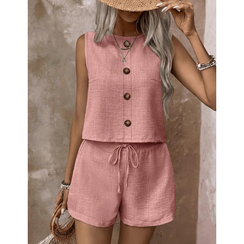 🔥 Le look le plus tendance de cet été ! Débardeur sans manches à boutons et short pour femme