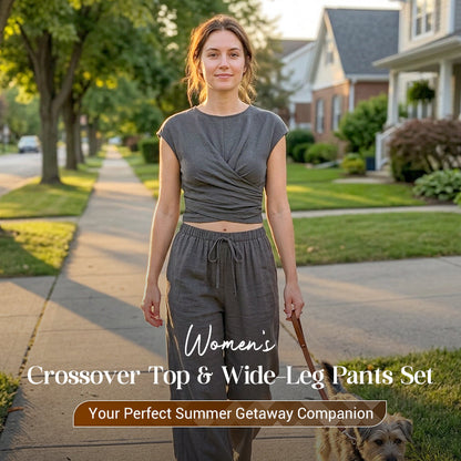 👗 PROMO LIMITÉE 50% DE RÉDUCTION ! 💥 Ensemble Top Croisé & Pantalon Large – Fluide, Chic, Coupe Décontractée ✨