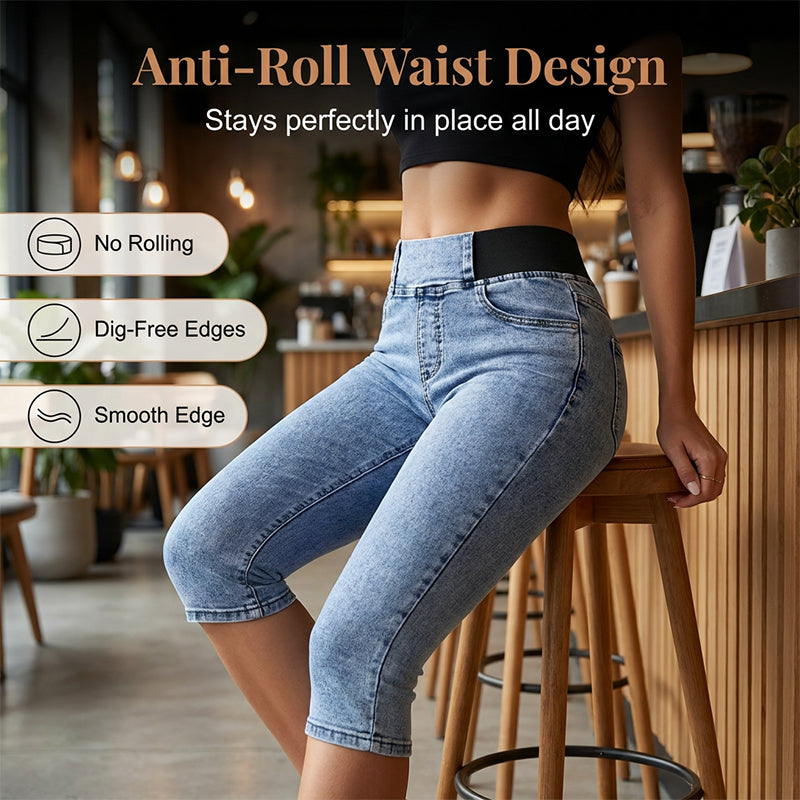 Pantalon capri en jean taille haute pour femme, taille élastiquée, coupe courte