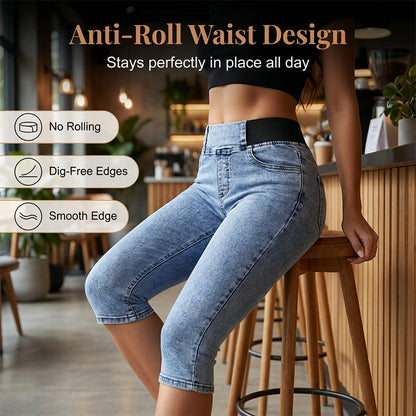 Pantalon capri en jean taille haute pour femme, taille élastiquée, coupe courte