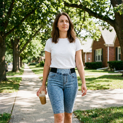 Pantalon capri en jean taille haute pour femme, taille élastiquée, coupe courte