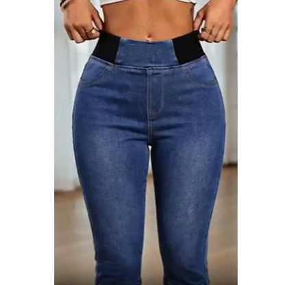 Pantalon capri en jean taille haute pour femme, taille élastiquée, coupe courte
