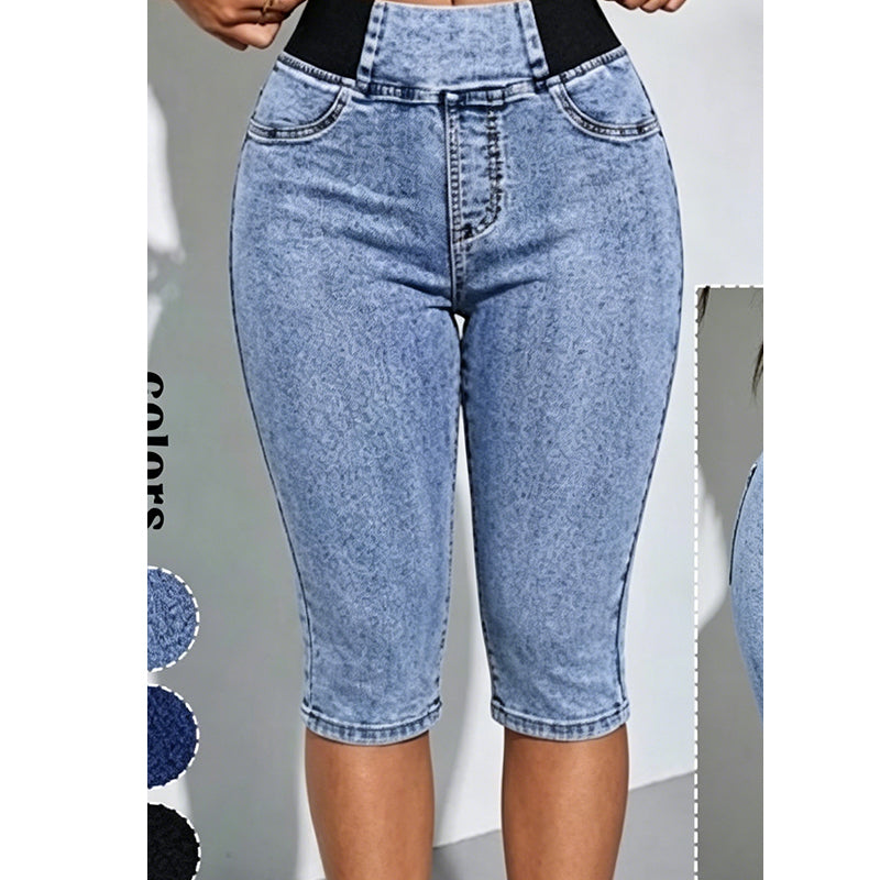 Pantalon capri en jean taille haute pour femme, taille élastiquée, coupe courte