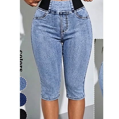 Pantalon capri en jean taille haute pour femme, taille élastiquée, coupe courte