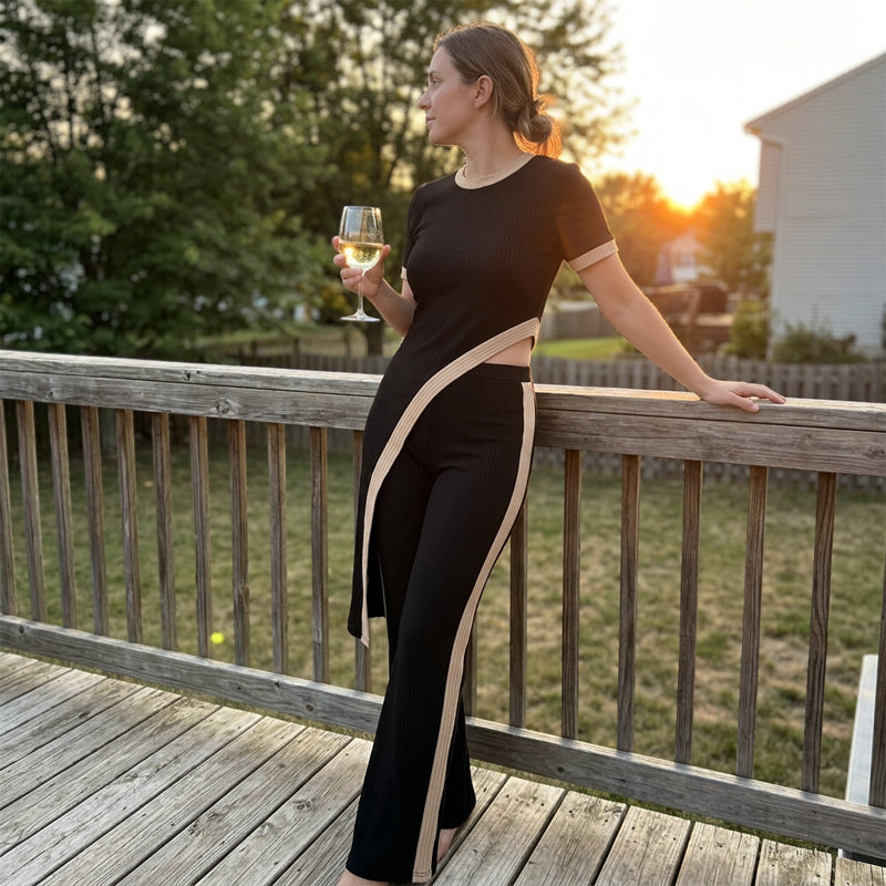 ⚠️ Plus que quelques stocks ! Ensemble femme composé d'un haut à manches courtes et d'un pantalon évasé