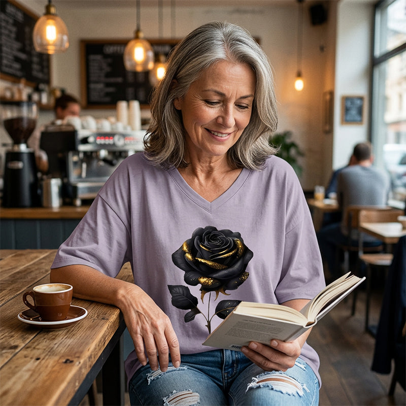📊 Déjà plus de 100.000 vendus ! T-shirt à col en V imprimé roses pour femmes grandes taillesC