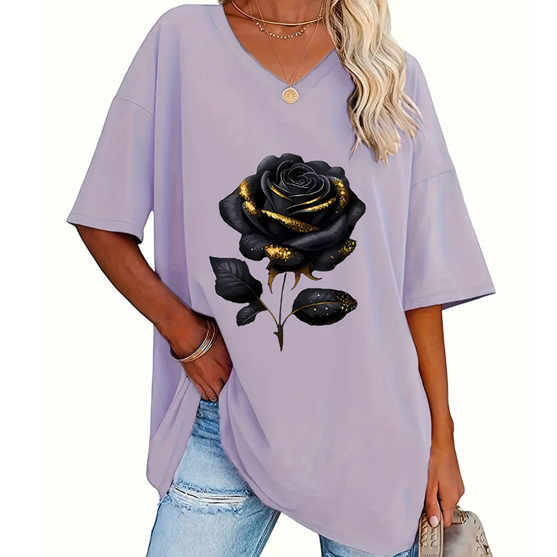 📊 Déjà plus de 100.000 vendus ! T-shirt à col en V imprimé roses pour femmes grandes taillesC