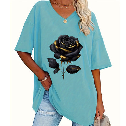 📊 Déjà plus de 100.000 vendus ! T-shirt à col en V imprimé roses pour femmes grandes taillesC