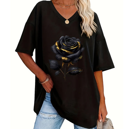 📊 Déjà plus de 100.000 vendus ! T-shirt à col en V imprimé roses pour femmes grandes taillesC
