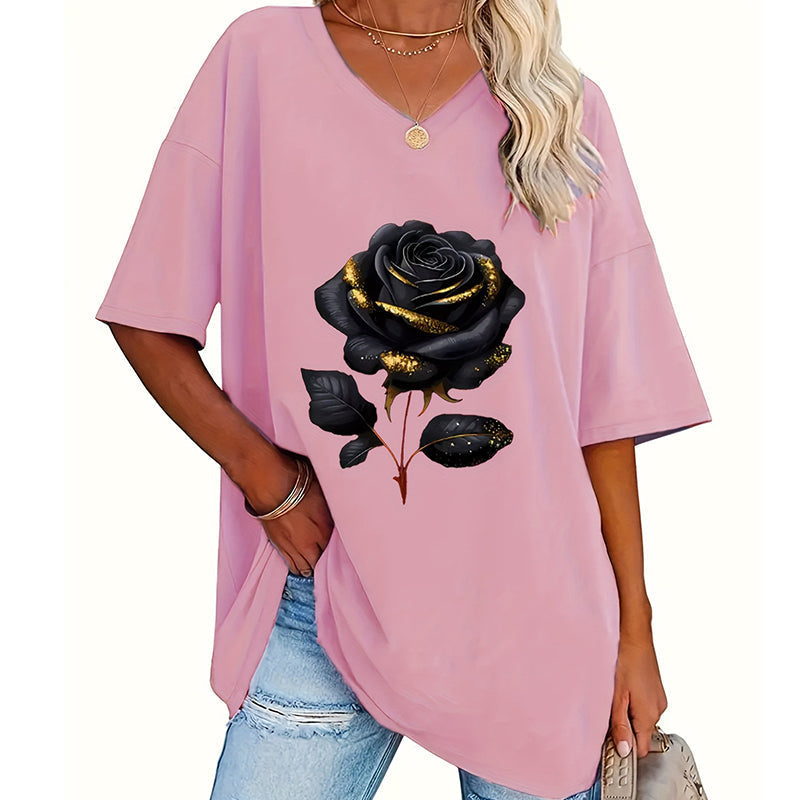 📊 Déjà plus de 100.000 vendus ! T-shirt à col en V imprimé roses pour femmes grandes taillesC