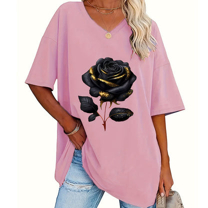 📊 Déjà plus de 100.000 vendus ! T-shirt à col en V imprimé roses pour femmes grandes taillesC