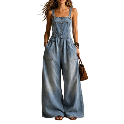 Combinaison d'été ample en jean pour femme, avec poches