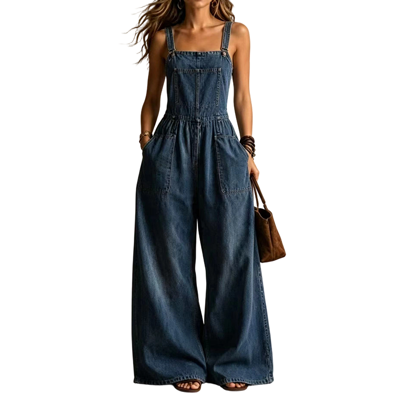 Combinaison d'été ample en jean pour femme, avec poches