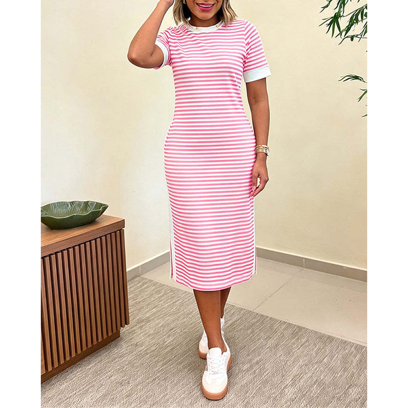 🔥 Le look le plus tendance de cet été ! Robe midi à manches courtes rayée pour femme