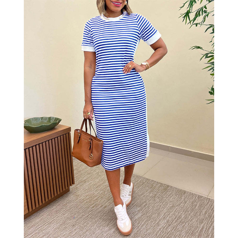 🔥 Le look le plus tendance de cet été ! Robe midi à manches courtes rayée pour femme
