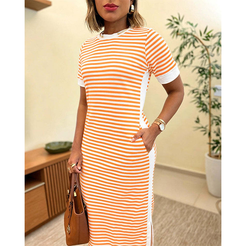 🔥 Le look le plus tendance de cet été ! Robe midi à manches courtes rayée pour femme
