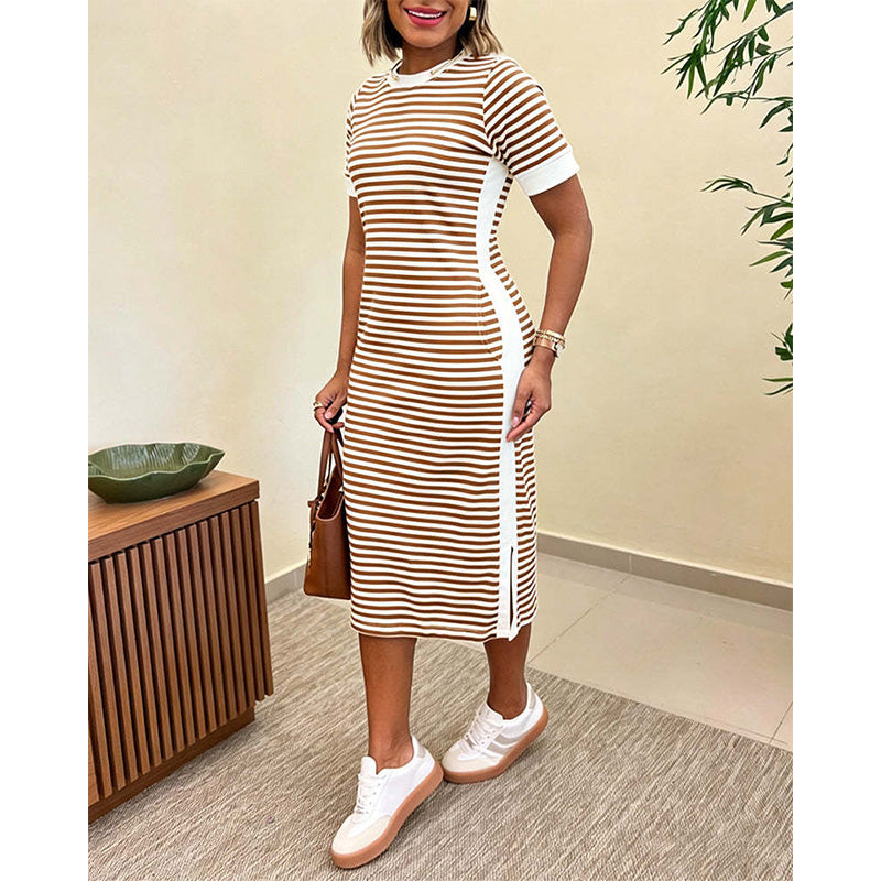 🔥 Le look le plus tendance de cet été ! Robe midi à manches courtes rayée pour femme